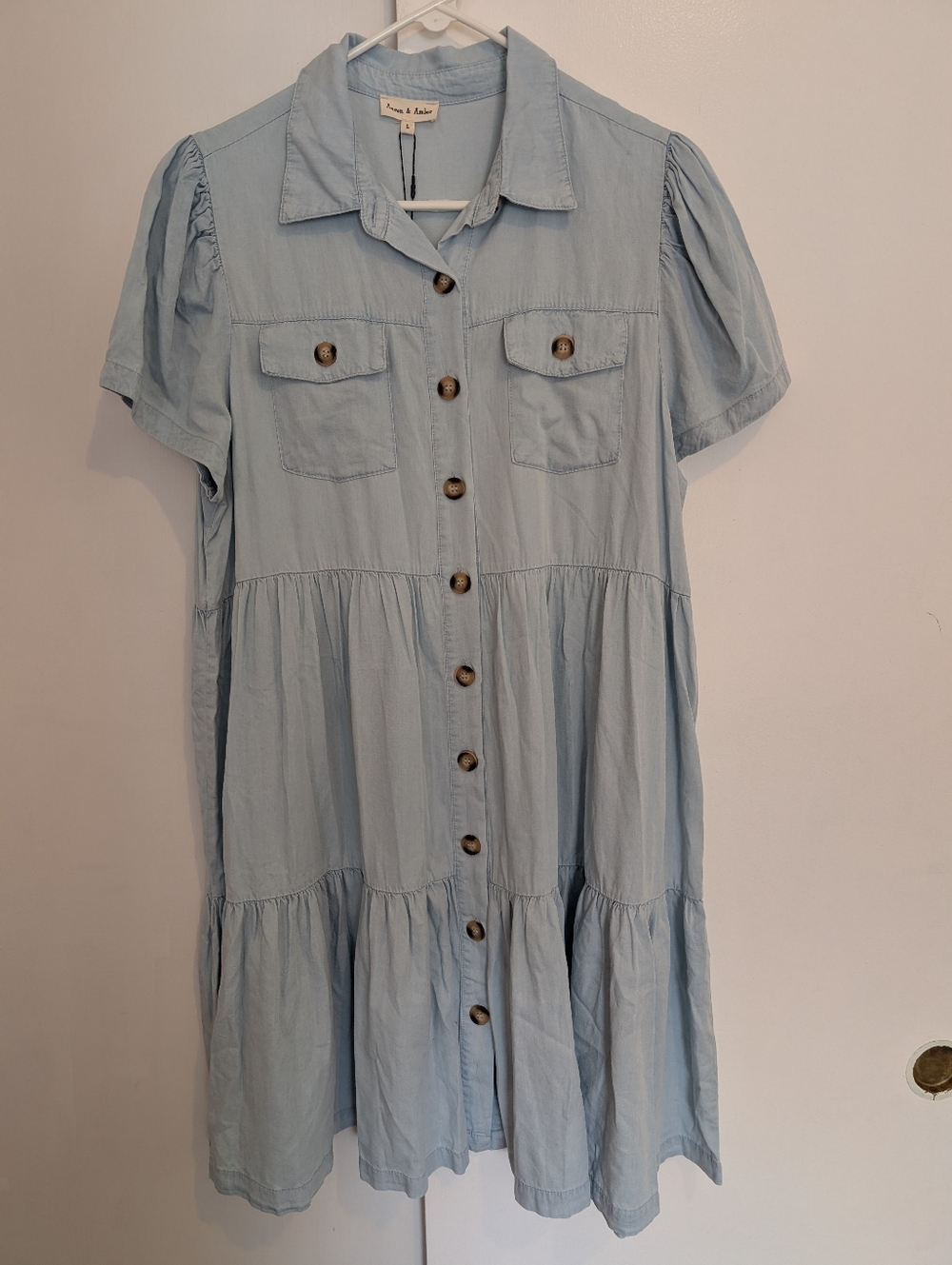 Aaron & Amber New Boutique Dress Size Large Lt Blue Button Front Tiered Ruffles